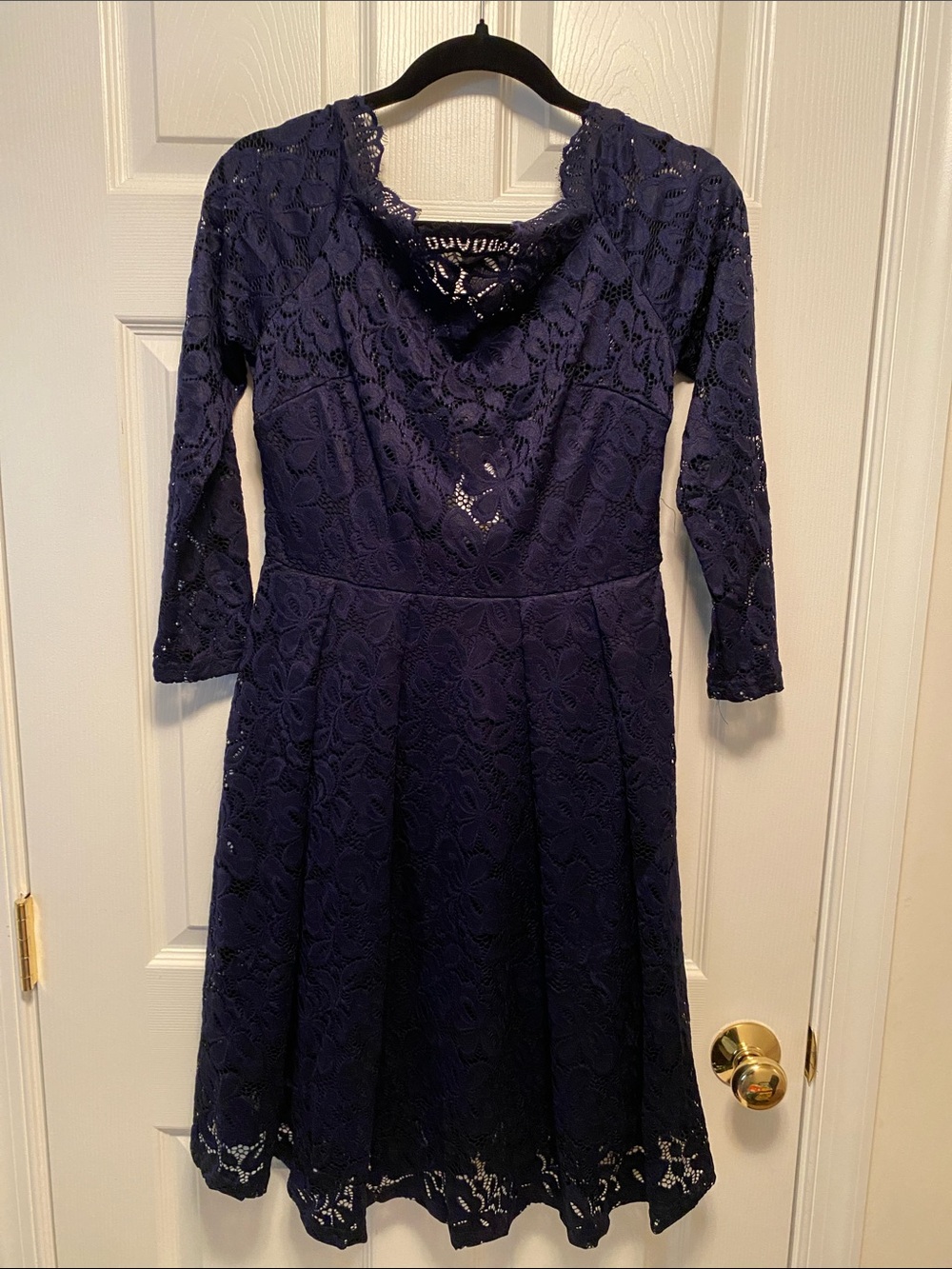 Missmny Navy Lace Long-Sleeve Fit & Flare Dress…size M